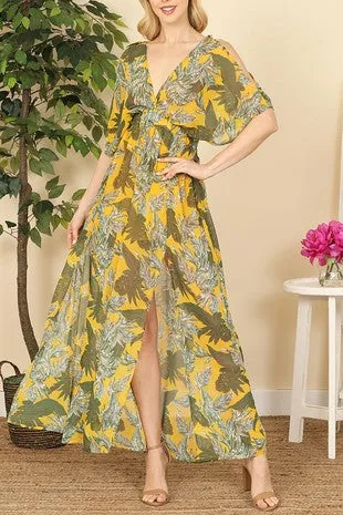 V-Neck Cold Shoulders Leaves Print Maxi Dress