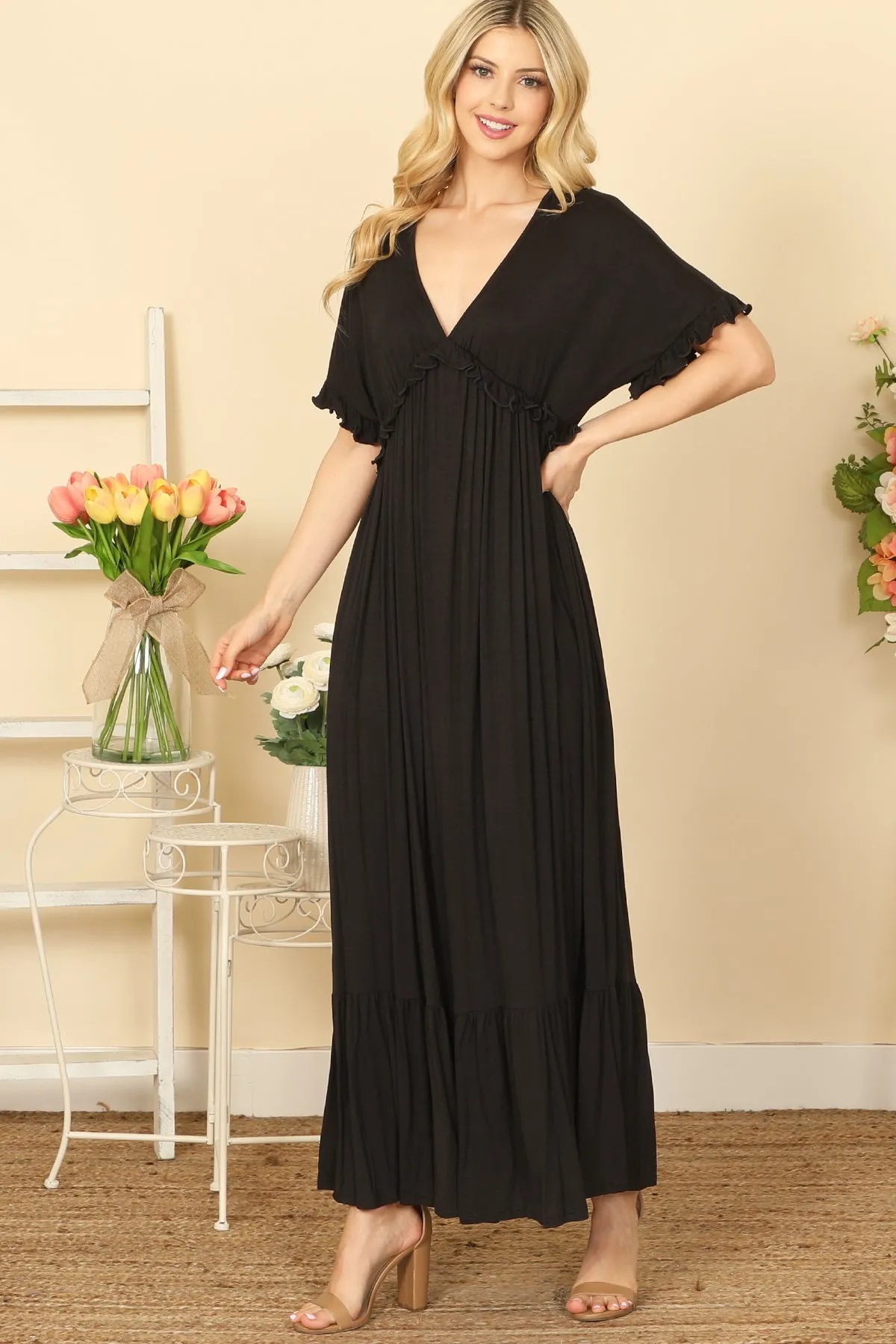 V-NECK HALF SLEEVE RUFFLE DETAIL PLEATED MAXI DRESS