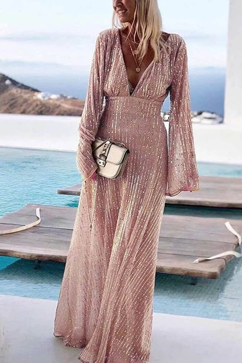 V-Neck Long Sleeve Sequined Gown Maxi Dress