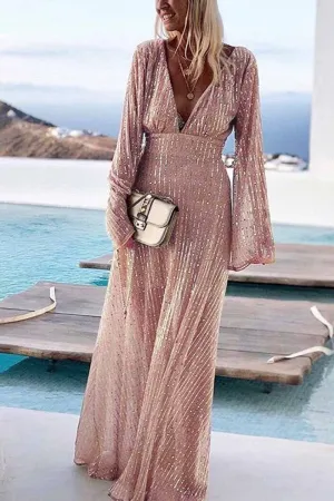 V-Neck Long Sleeve Sequined Gown Maxi Dress