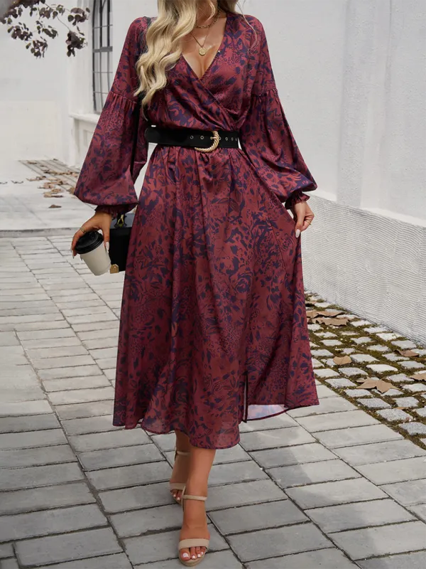 V-neck Maxi Dress with Floral Print and High Slit