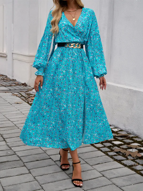 V-neck Maxi Dress with Floral Print and High Slit