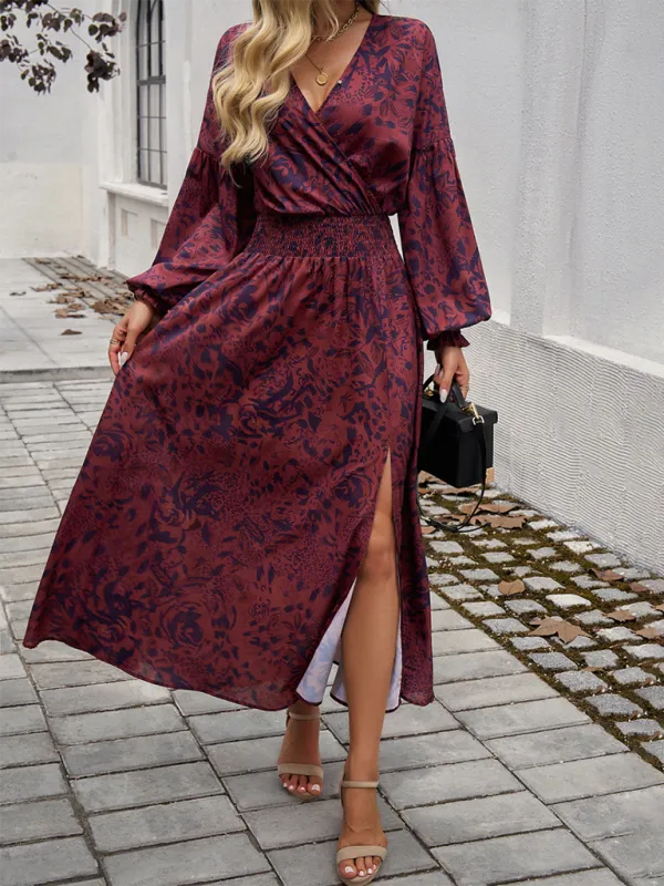 V-neck Maxi Dress with Floral Print and High Slit
