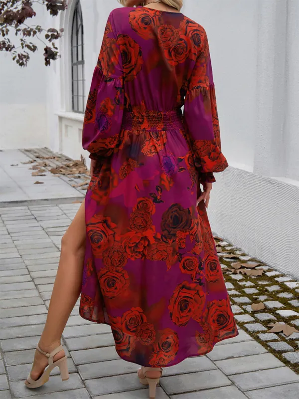 V-neck Maxi Dress with Floral Print and High Slit