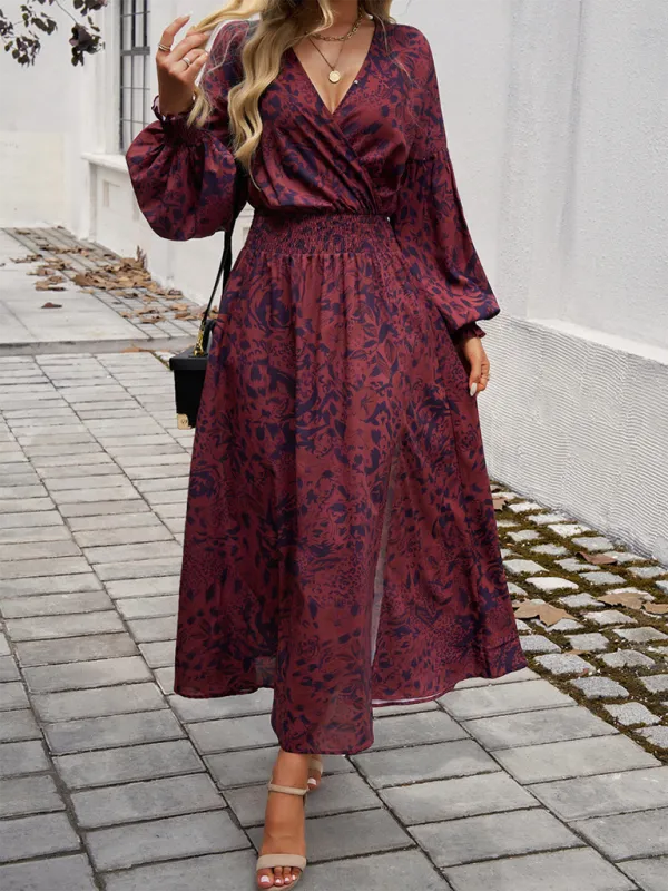 V-neck Maxi Dress with Floral Print and High Slit
