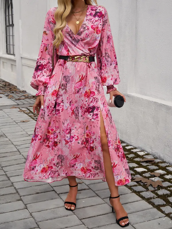 V-neck Maxi Dress with Floral Print and High Slit
