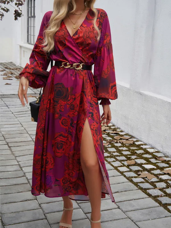 V-neck Maxi Dress with Floral Print and High Slit