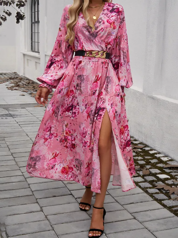 V-neck Maxi Dress with Floral Print and High Slit
