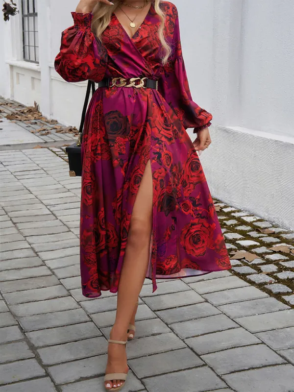 V-neck Maxi Dress with Floral Print and High Slit