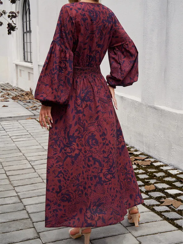 V-neck Maxi Dress with Floral Print and High Slit