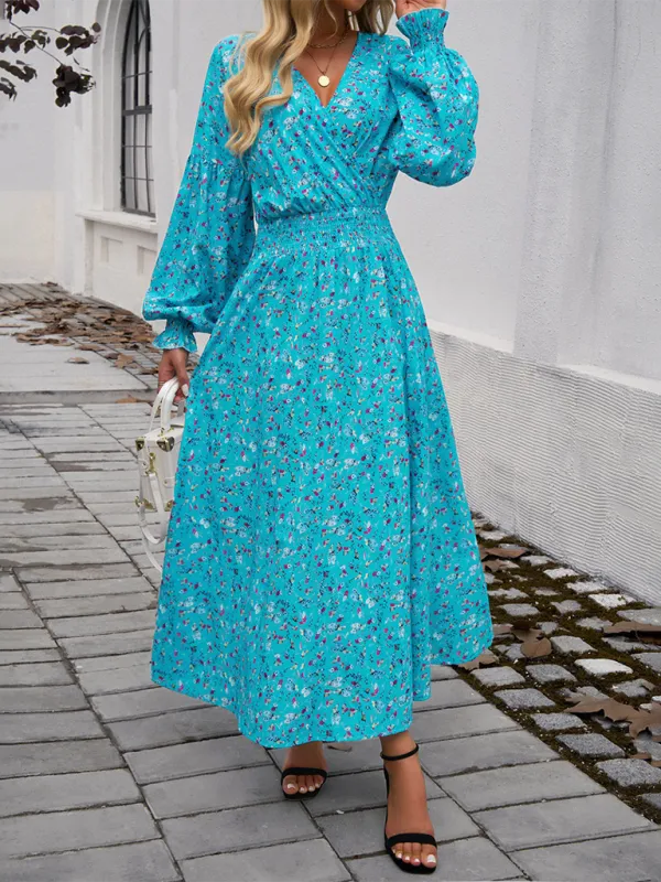 V-neck Maxi Dress with Floral Print and High Slit