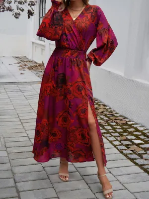 V-neck Maxi Dress with Floral Print and High Slit