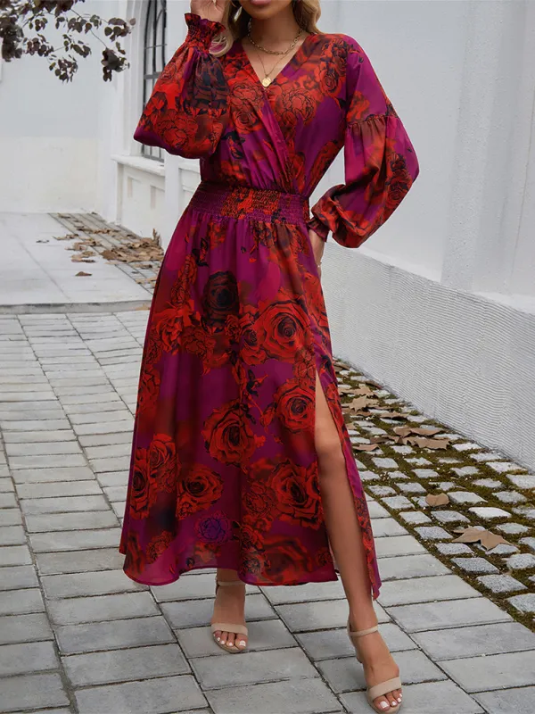 V-neck Maxi Dress with Floral Print and High Slit