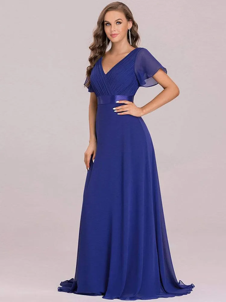 V Neck Ruffles Chiffon Formal Wedding Party Dress
