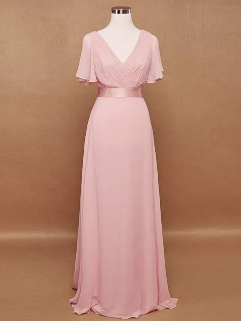 V Neck Ruffles Chiffon Formal Wedding Party Dress
