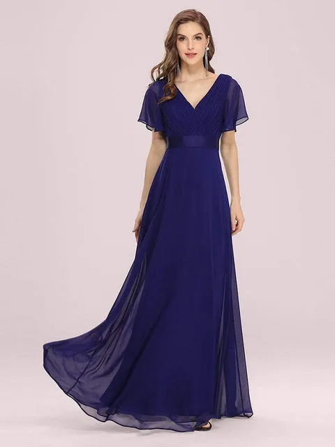 V Neck Ruffles Chiffon Formal Wedding Party Dress
