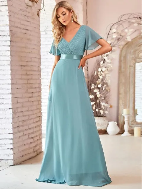 V Neck Ruffles Chiffon Formal Wedding Party Dress
