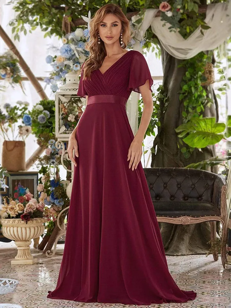 V Neck Ruffles Chiffon Formal Wedding Party Dress