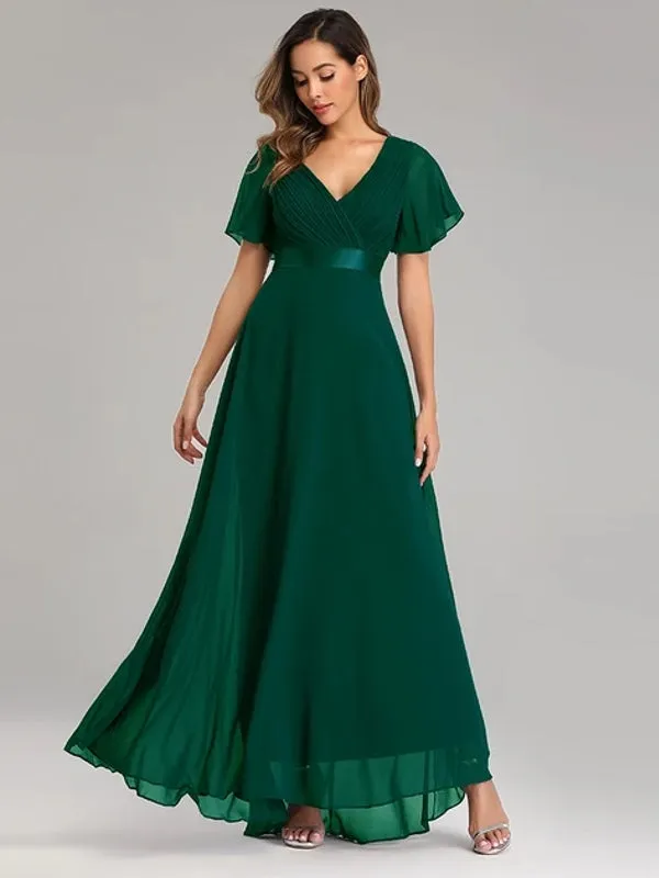 V Neck Ruffles Chiffon Formal Wedding Party Dress