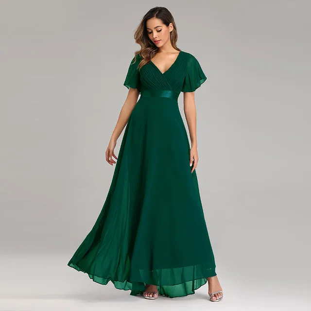 V Neck Ruffles Chiffon Formal Wedding Party Dress