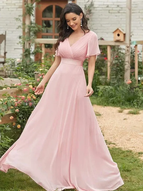 V Neck Ruffles Chiffon Formal Wedding Party Dress