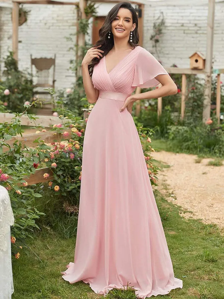 V Neck Ruffles Chiffon Formal Wedding Party Dress