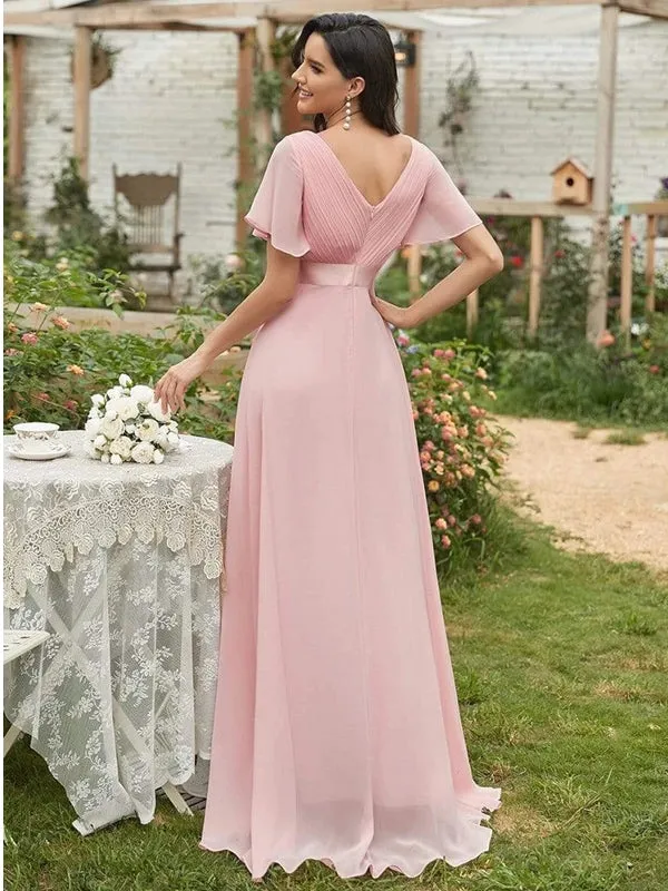 V Neck Ruffles Chiffon Formal Wedding Party Dress