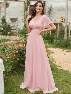 V Neck Ruffles Chiffon Formal Wedding Party Dress