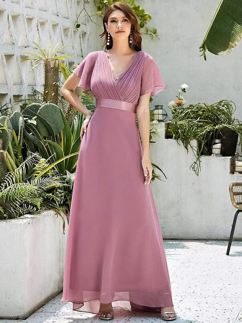 V Neck Ruffles Chiffon Formal Wedding Party Dress
