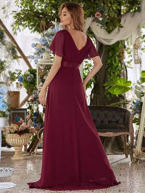 V Neck Ruffles Chiffon Formal Wedding Party Dress