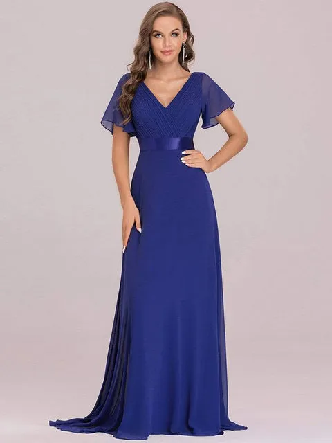 V Neck Ruffles Chiffon Formal Wedding Party Dress