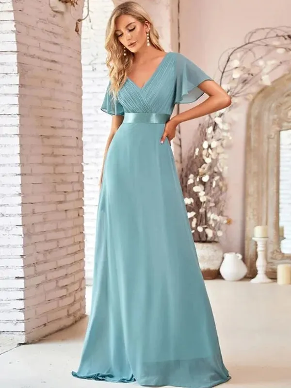 V Neck Ruffles Chiffon Formal Wedding Party Dress