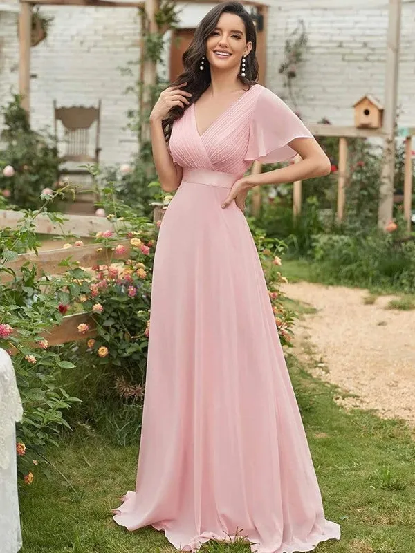 V Neck Ruffles Chiffon Formal Wedding Party Dress