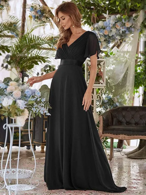 V Neck Ruffles Chiffon Formal Wedding Party Dress