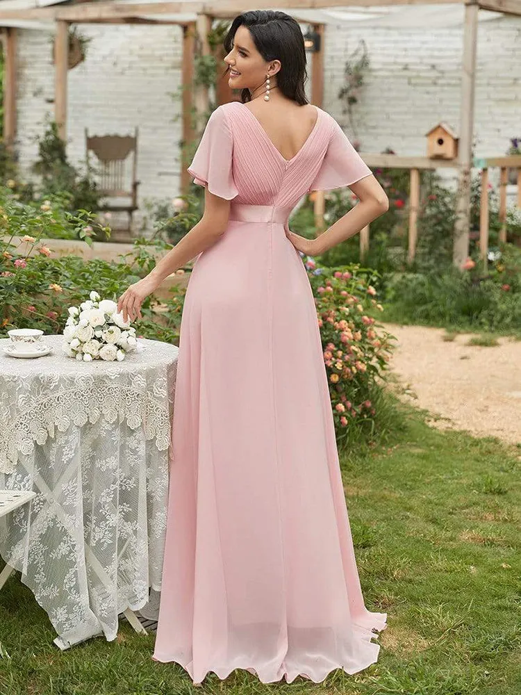 V Neck Ruffles Chiffon Formal Wedding Party Dress