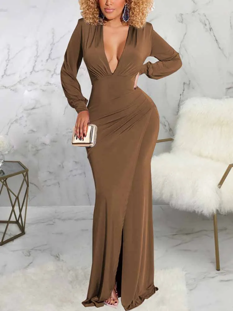 V Neck Side Split Bodycon Dress