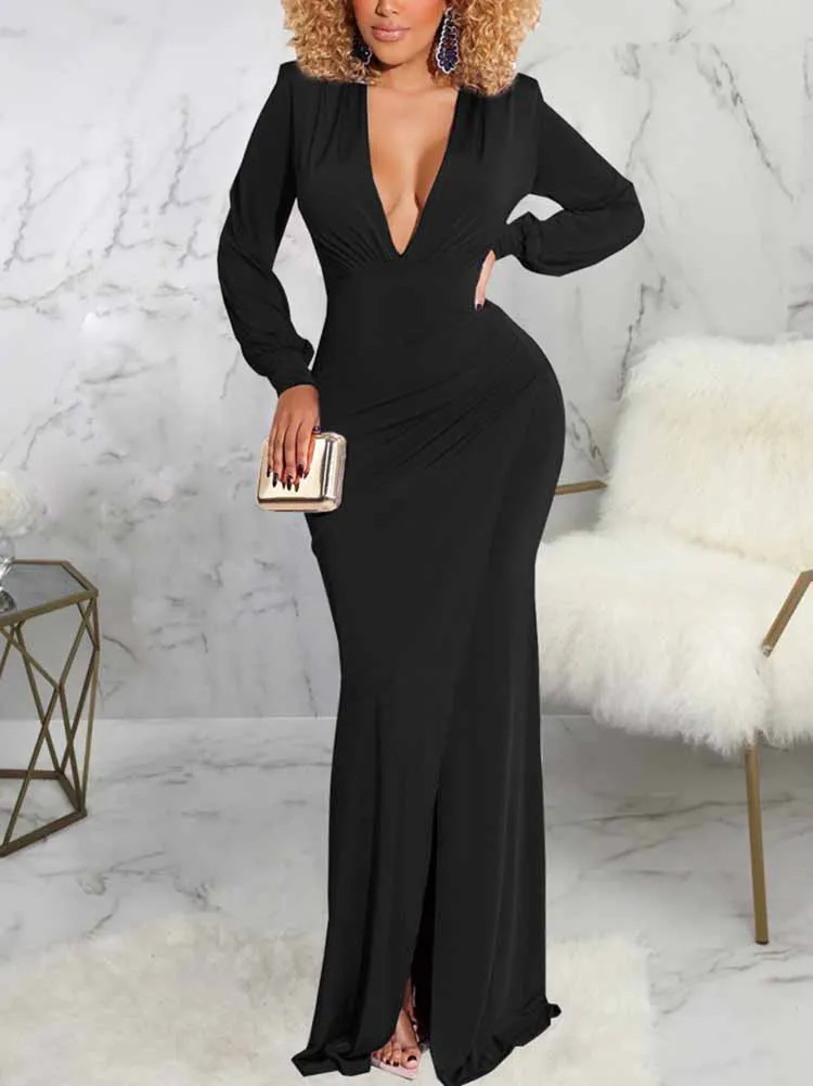 V Neck Side Split Bodycon Dress