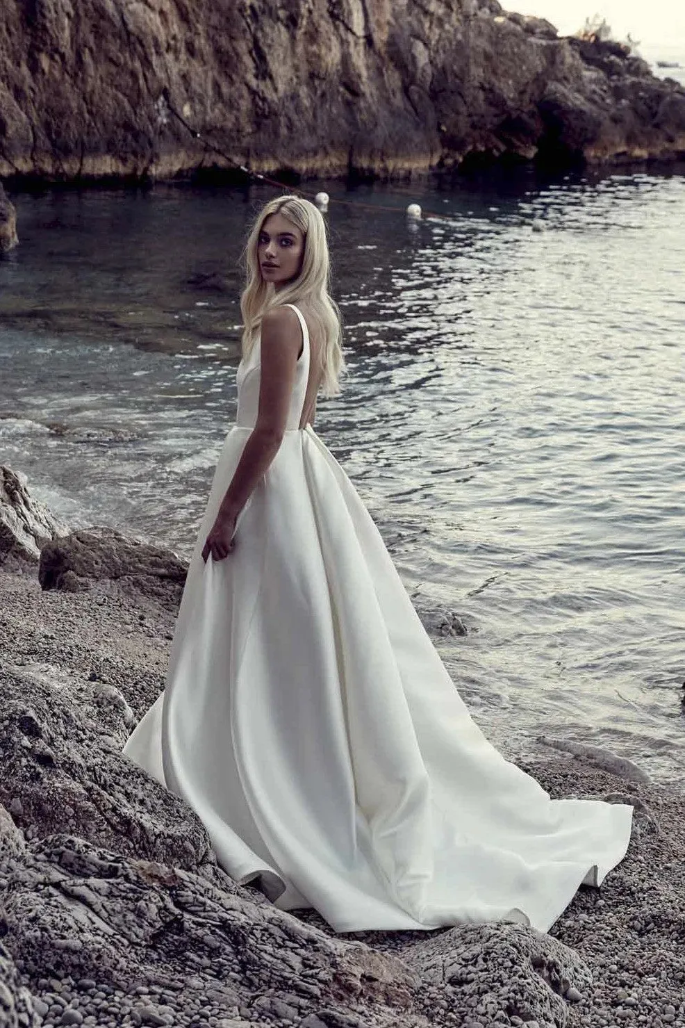 V-neckline A-line Satin Bridal Dress with Box Pleats