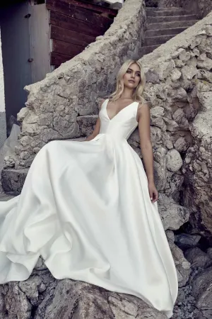 V-neckline A-line Satin Bridal Dress with Box Pleats