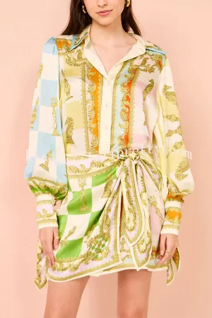 Vacay Mode Satin Unique Print Tie-up Design Wrap Mini Dress
