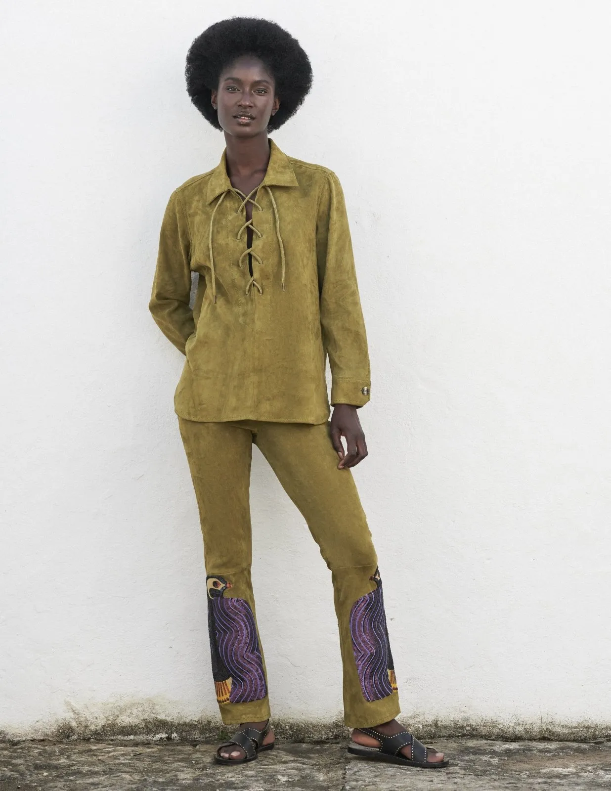 Vanderbilt Leather Flared Pants with Embroidery 