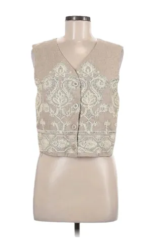 Vintage Express Women's Linen Embroidered Crochet Vest, Tan Cream, Size Medium