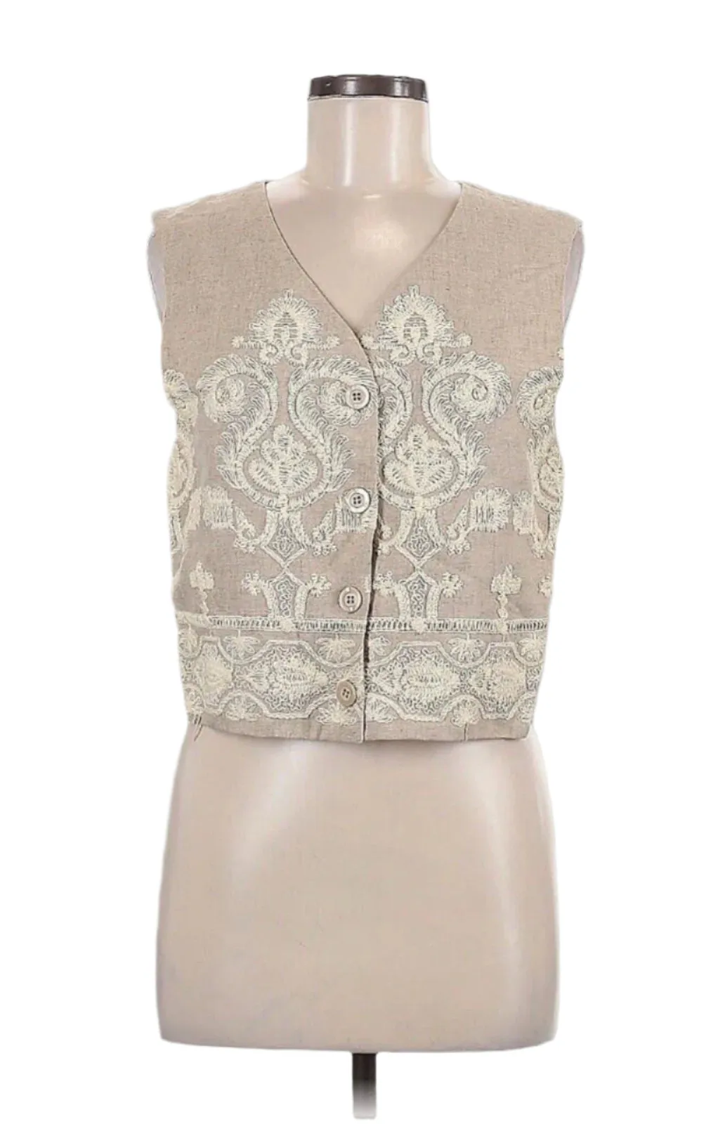 Vintage Express Women's Linen Embroidered Crochet Vest, Tan Cream, Size Medium
