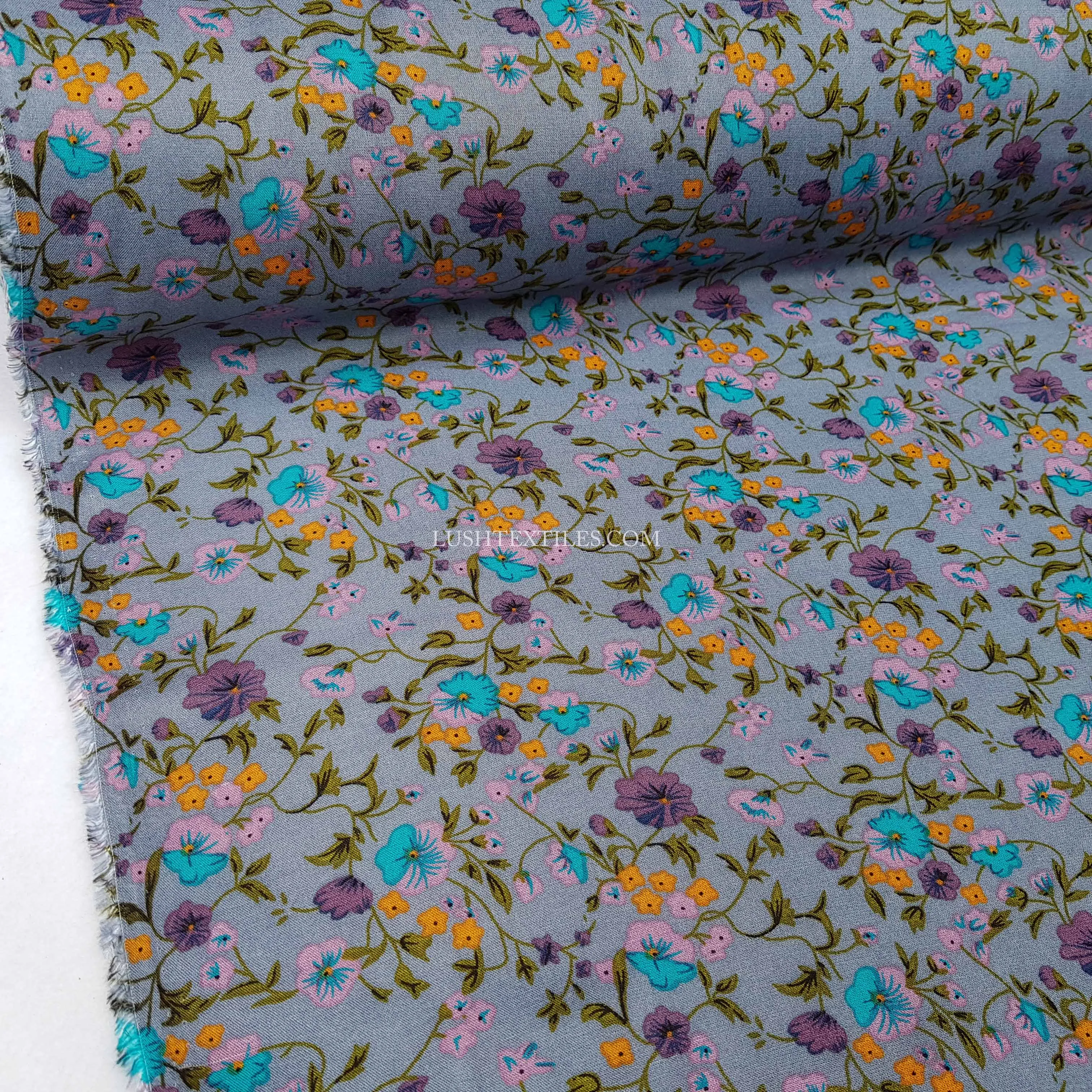 Vintage Floral Viscose Fabric, Gray