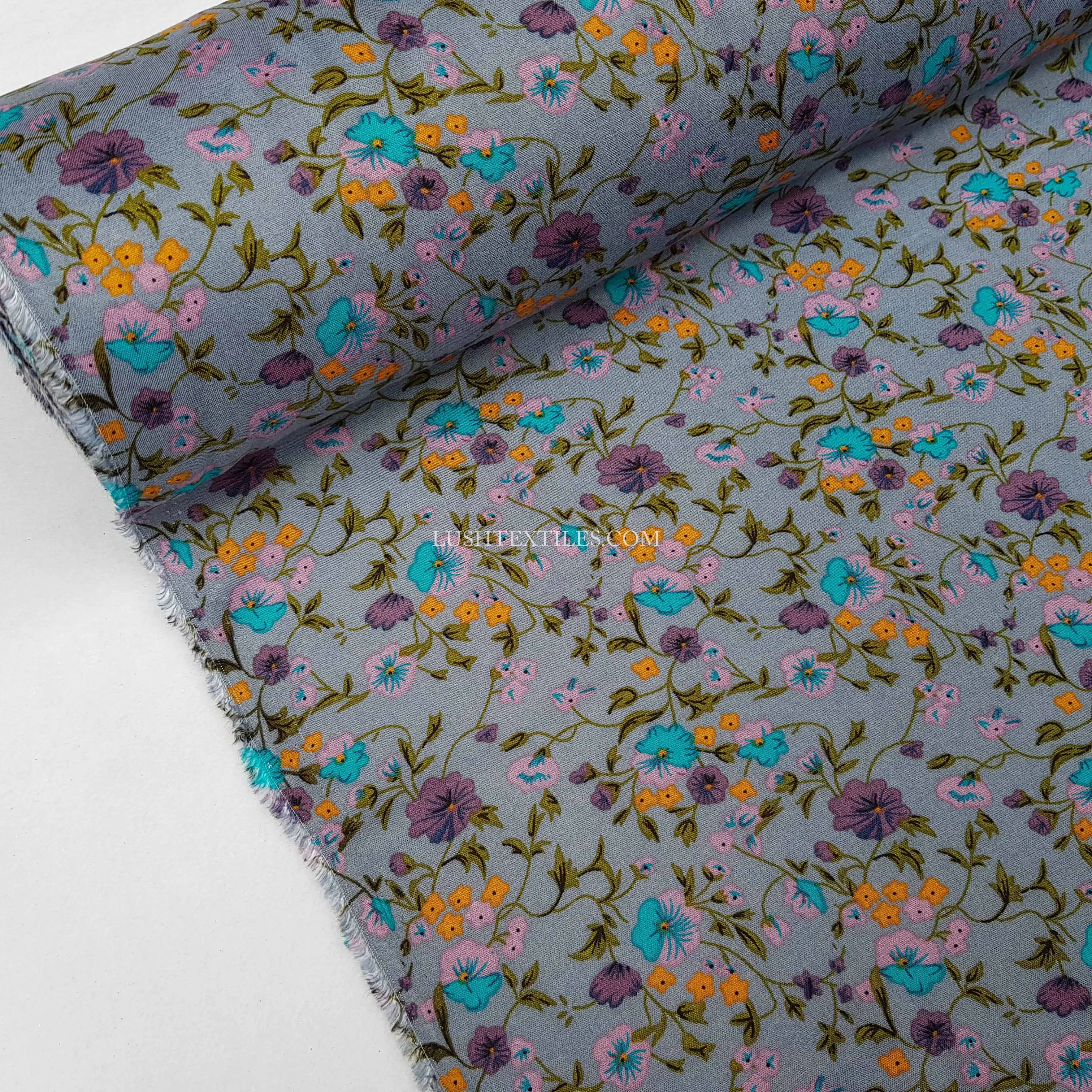 Vintage Floral Viscose Fabric, Gray