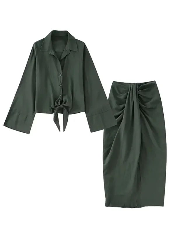 Vintage Office Lady Solid Women Suits Split Pleated Skirts