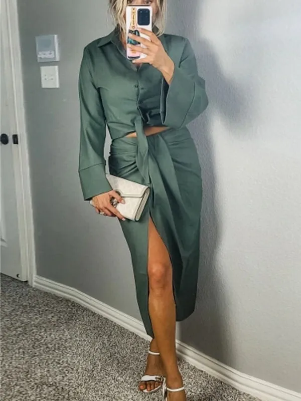 Vintage Office Lady Solid Women Suits Split Pleated Skirts
