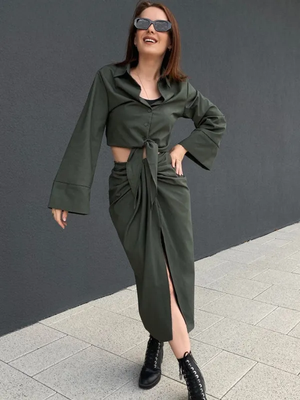 Vintage Office Lady Solid Women Suits Split Pleated Skirts