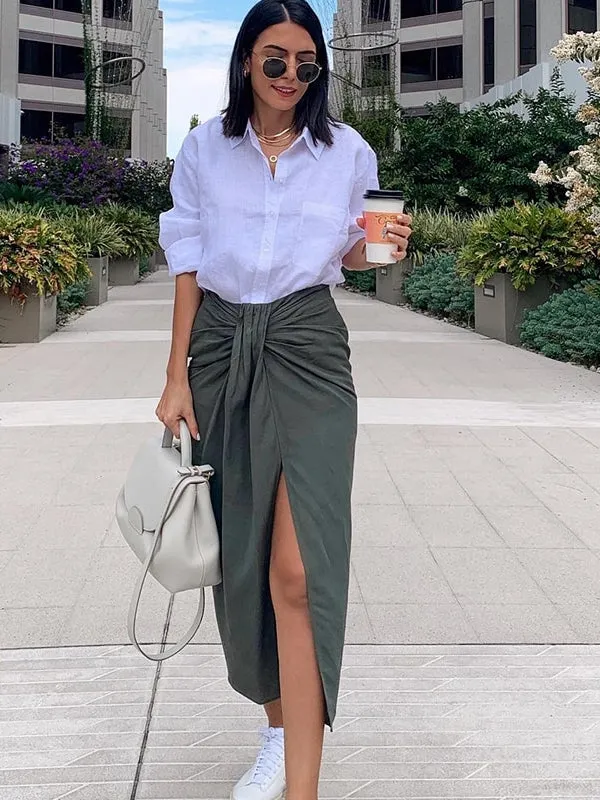 Vintage Office Lady Solid Women Suits Split Pleated Skirts