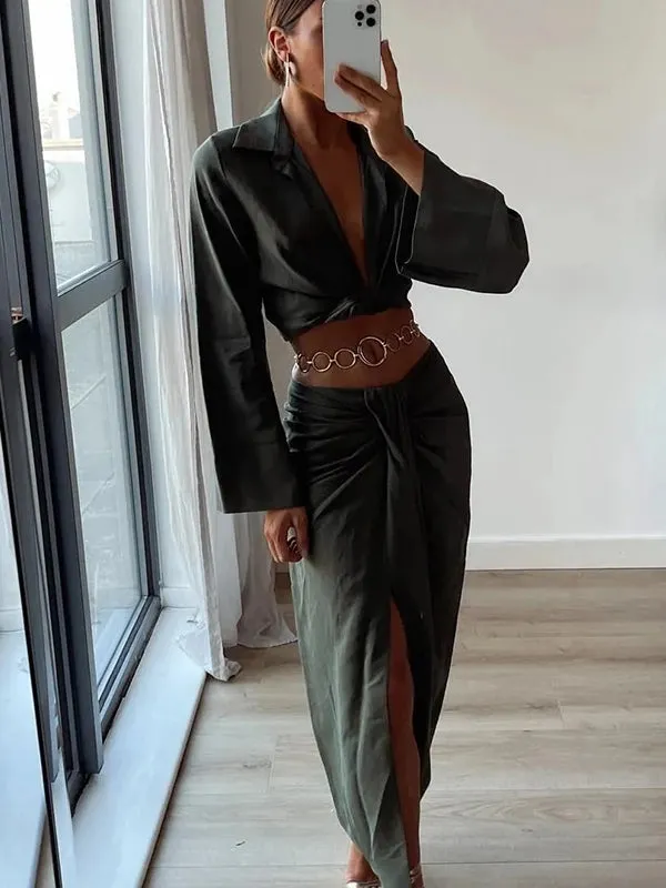 Vintage Office Lady Solid Women Suits Split Pleated Skirts
